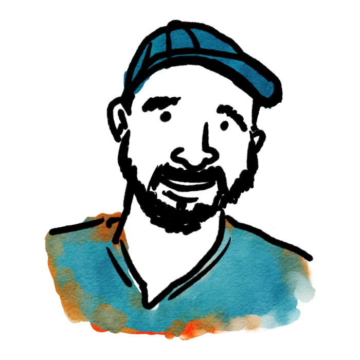 Illustrated portrait of Jonathan Sandmel in a cap